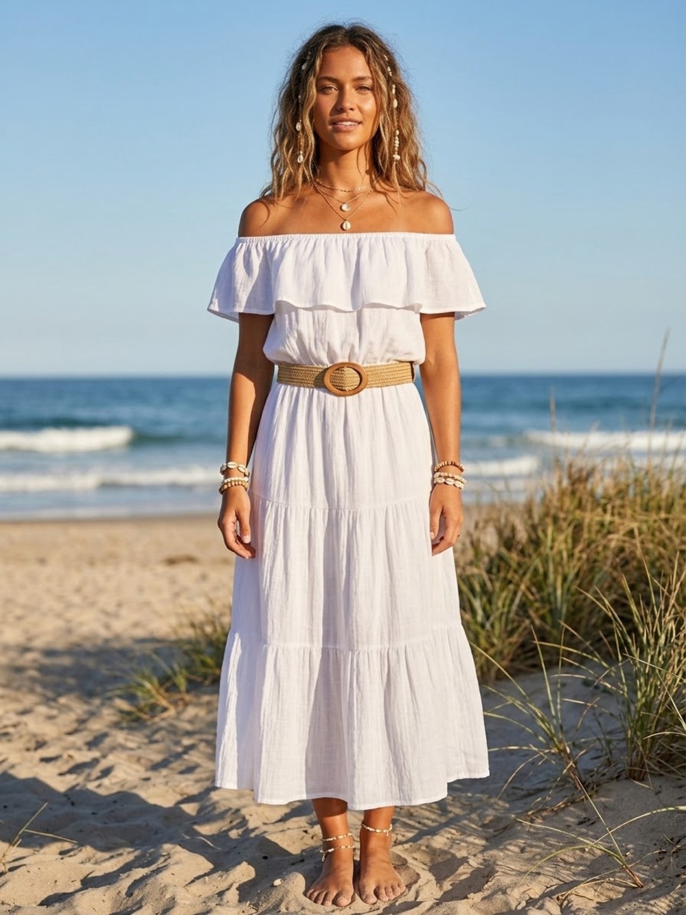 Tacera White On or Off-Shoulder Tiered Midi Dress Coastal Cowgirl Boho